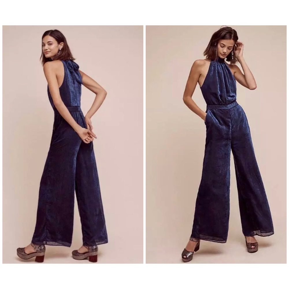 Anthropologie‘elevenses’ Blue Velvet Nova Jumpsuit